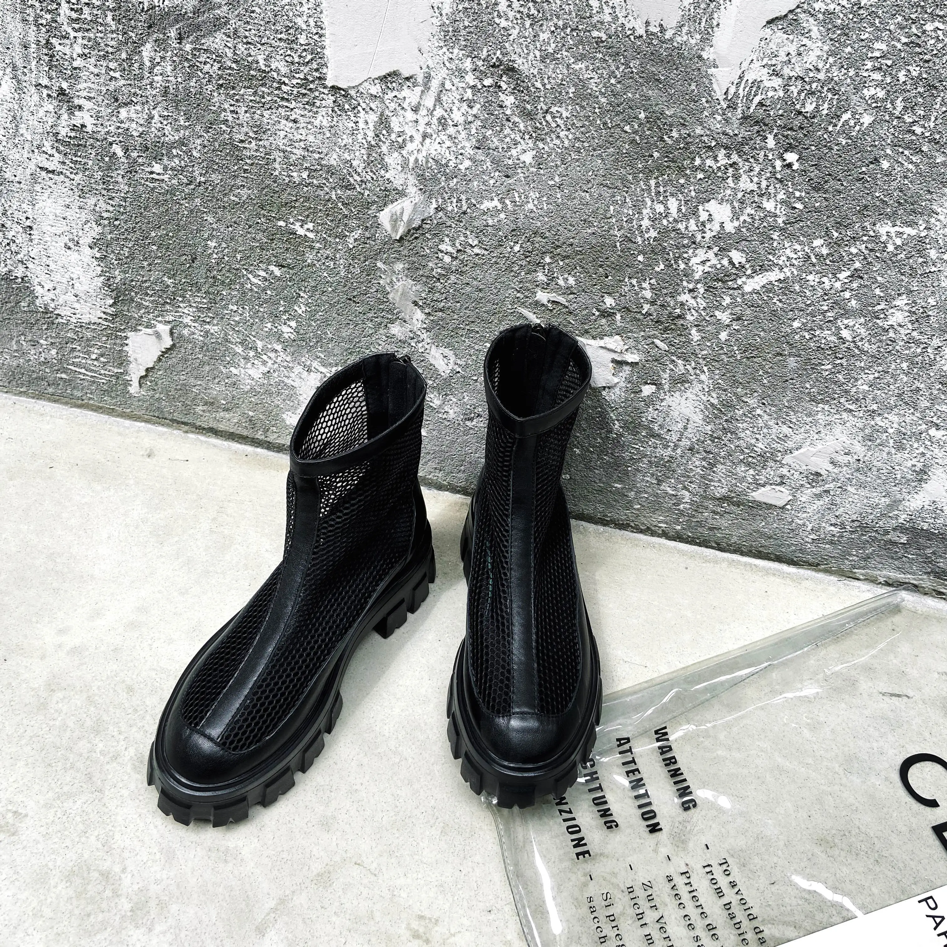 

Vichelo Hot new arrival round toe high heels cow leather mesh sunscreen Korean street fashion summer breathable ankle boots L32