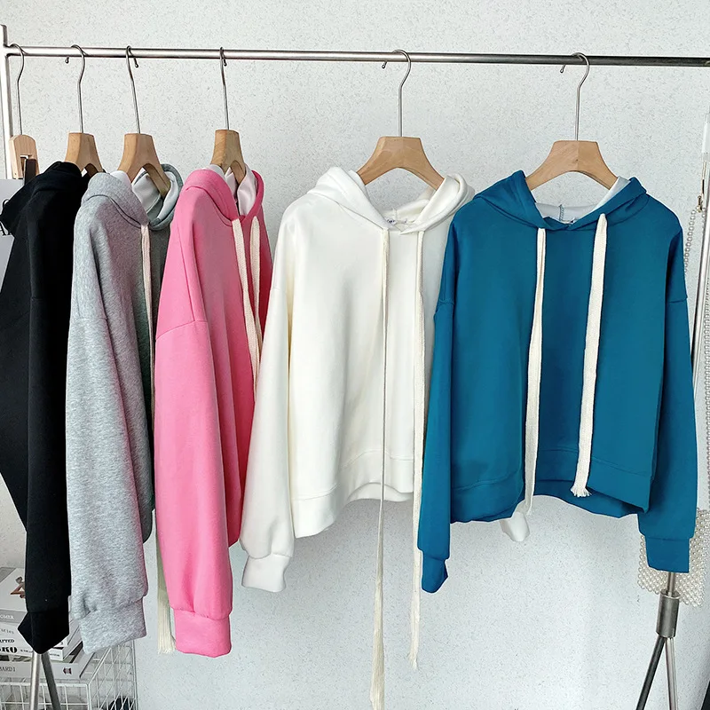 

Женский Свободный свитшот в Корейском стиле, повседневный однотонный хлопковый пуловер на шнуровке с капюшоном, Теплые Топы в стиле Харадз...