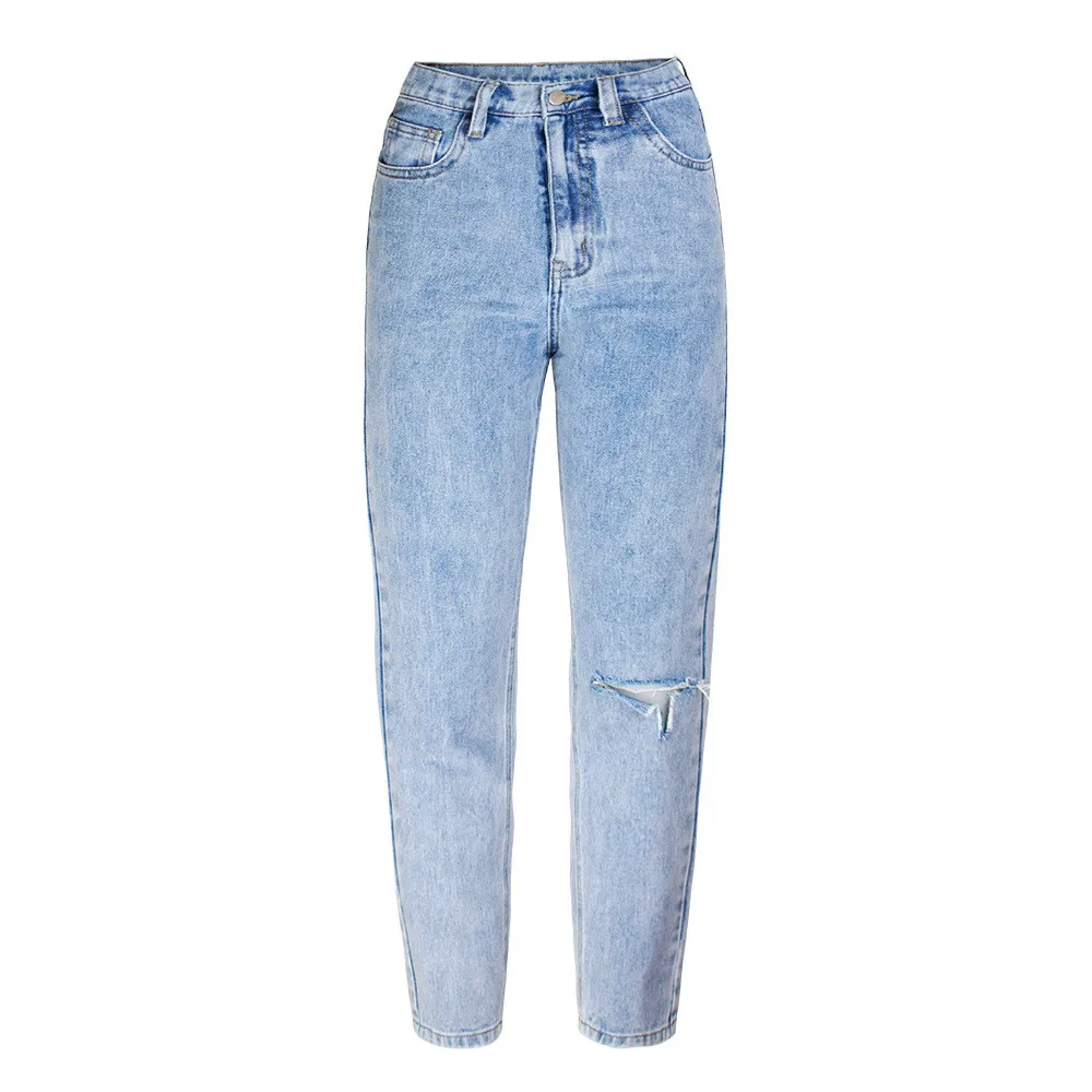 

European American Style Solid Color Casual Jeans Women Fashion High Waist BF Style Hole Denim Pants Female Straight Jean Trouser