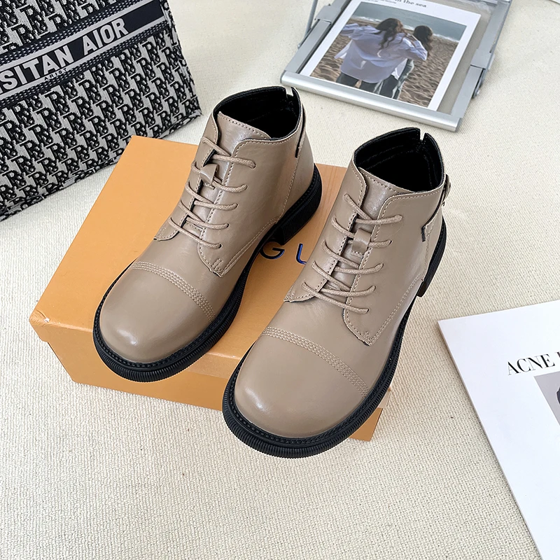 

Autumn Leather Shoes Black Solid Color All-match Casual Women's Shoes Lace-up Low Cut Fang with Flat Shoes Single Shoes