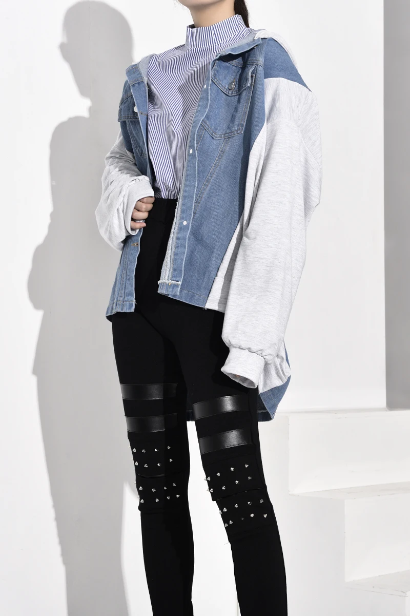 

IEQJ New Autumn 2021 Fashion Long Sleeve Lapel Patchwork Pockets Denim Jacket Single Breasted Casual Loose Coat Women AA885