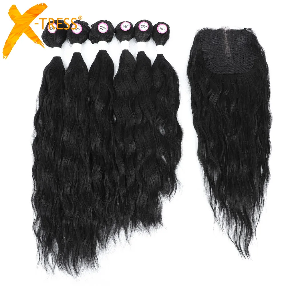

Black Color Synthetic Hair Bundles With Closure 4X4 Lace X-TRESS Natural Wave Hair Extensions Soft Daily High Temperature Fiber