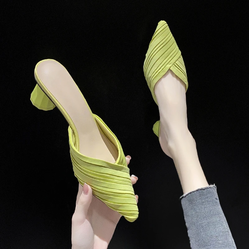 

Shoes Woman 2021 Slippers Casual Square heel Heeled Mules Lady Shallow Pointed Toe Med Luxury Block High Girl Cover Soft Slides