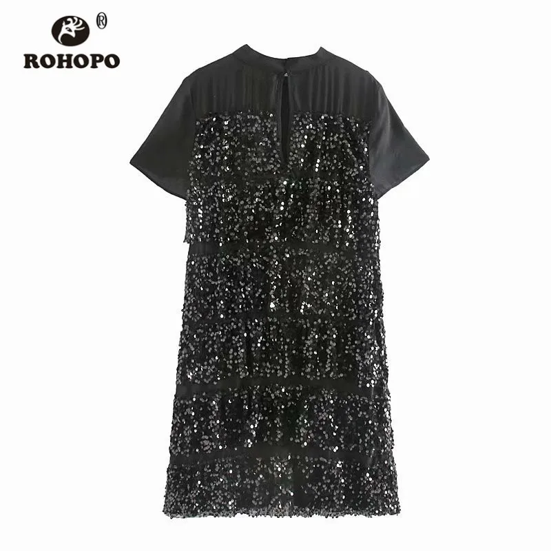 ROHOPO Short Sleeve Black Sequined Mini Dress Cascading Ruffles Splice Mesh Ladies Shiny Party Vestido #9442 | Женская одежда