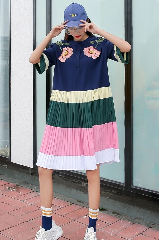 

Vefadisa Summer Women Temperament Dress 2021 Women Floral Printed Dress Female Patchwork Color Dress Pleated ZQY043B