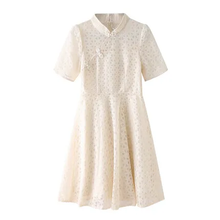 

HAN Summer new style retro Chinese disc buckle cheongsam embroidered dress waist was thin, comfortable and breathable