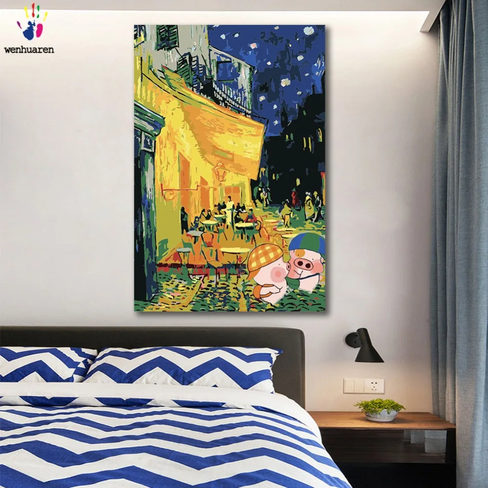 DIY картинки для раскраски по номерам с цветами ночь Кофейня свинья версия Картина