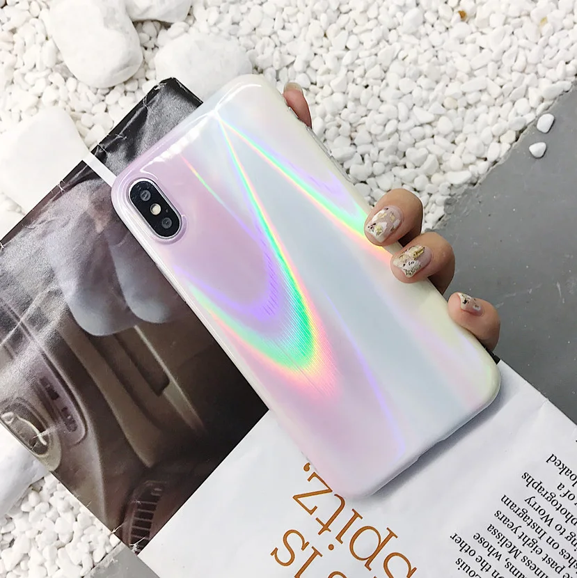 Лазерный чехол для iPhone X мягкий IMD блестящий 6 S 7 8 Plus XS MAX XR Чехол Радуга Аврора