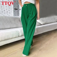 ttqv fashion loose green office womens pants 2022 elegant high waist wide toursers ladies casual pleated blue pants female