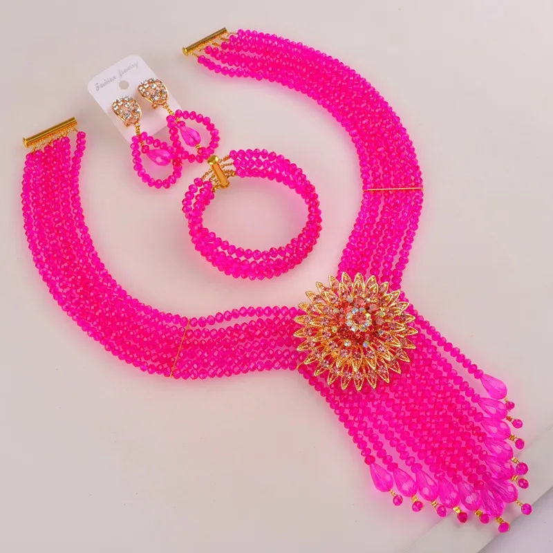 

Fuchsia Pink Nigerian Wedding African Beads Jewelry Set for Women Beaded Necklace Sets