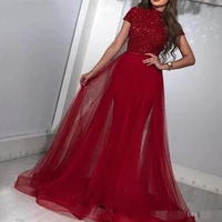 2019 dark red muslim evening dresses mermaid sequined prom dress with detachable tulle skirt long evening dress robe de soiree