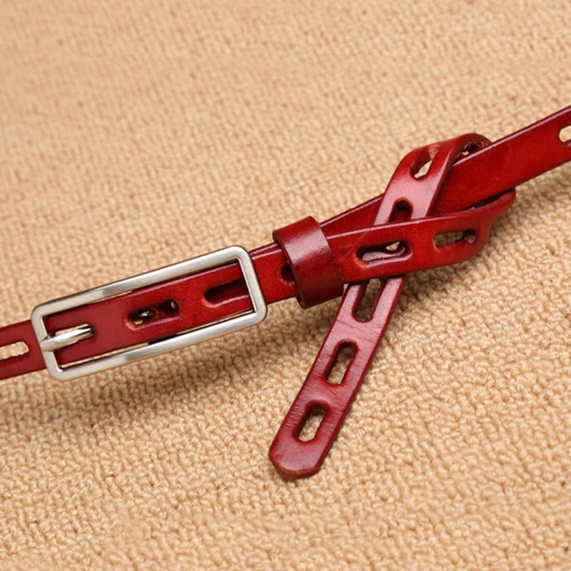 Женский ремень из натуральной воловьей кожи брендовый маленький тонкий с узлом и