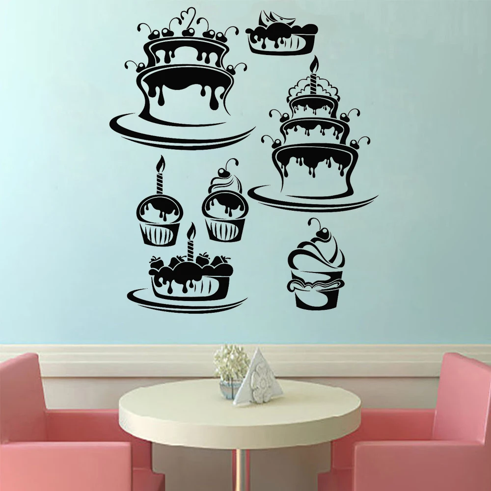 Cake Dessert Shop Wall Sticker Confectionary Sweets Pie Vinyl Decal Baking Bakery Wondow Decoration Birthday Candle Stickers