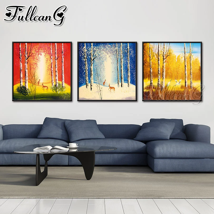 

Набор для алмазной вышивки FULLCANG 5d «сделай сам», картина-триптих с абстрактным пейзажем, оленем, квадратным и круглым узорами, FC3431