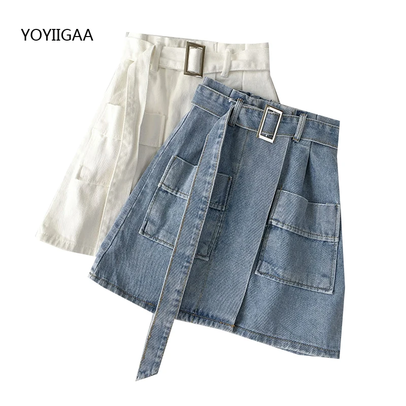

Summer Denim Mini Skirt with Belt Fashion Women Short SKirts High Waist A-Line Ladies Mini Skirts Harajuku Women's Denim Skirt