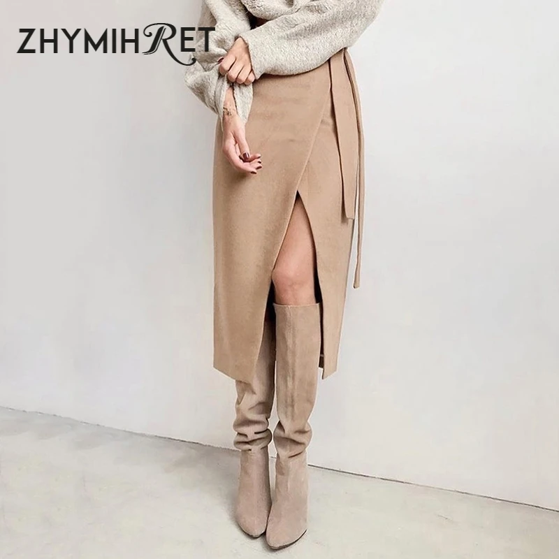 ZHYMIHRET элегантные Разделение миди юбка с высокой талией для женщин 2019 осень зима