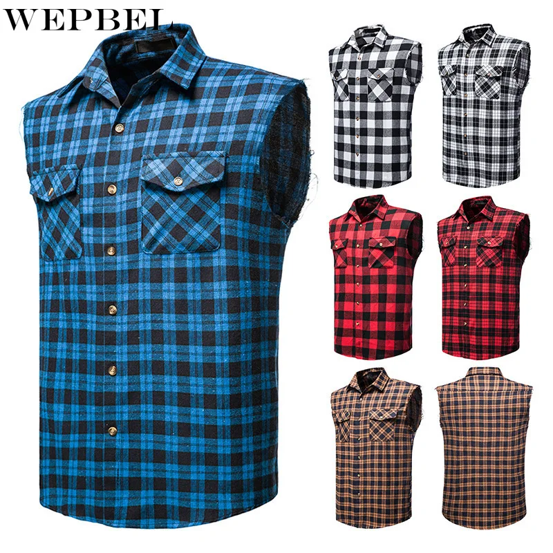 

WEPBEL Single-Breasted Shirt Vest Men's Casual Plaid Slim Fit Straight Coat Autumn Pocket Stitching Turn-down Collar Vest