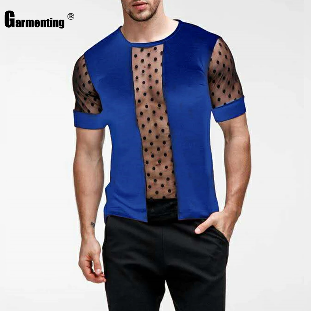 

Garmenting Trendy 2020 Gauze Short sleeve T shirt Men Summer Pacthwork Mesh Dot Tees Tops Mens Clothing Sexy Transparent T-shirt