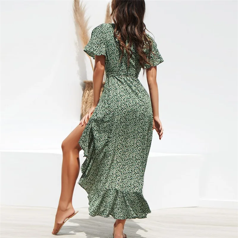 

Dress Women Floral Print Boho Long Chiffon Dress Ruffles Wrap Casual V-Neck Split Sexy Party Dress Robe