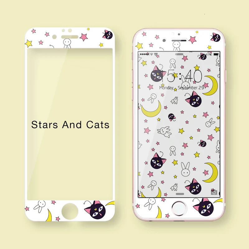 Stars And Cats Милый мультфильм закаленное стекло для iPhone 7 8 Защитная пленка для экрана для iPhone 7 8 Plus Защитная пленка для экрана 3D мягкая твердость края - Цвет: Stars And Cats