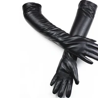 50cm long sheepskin leather gloves womens thin velvet lining autumn and winter warm black finger gloves free shipping