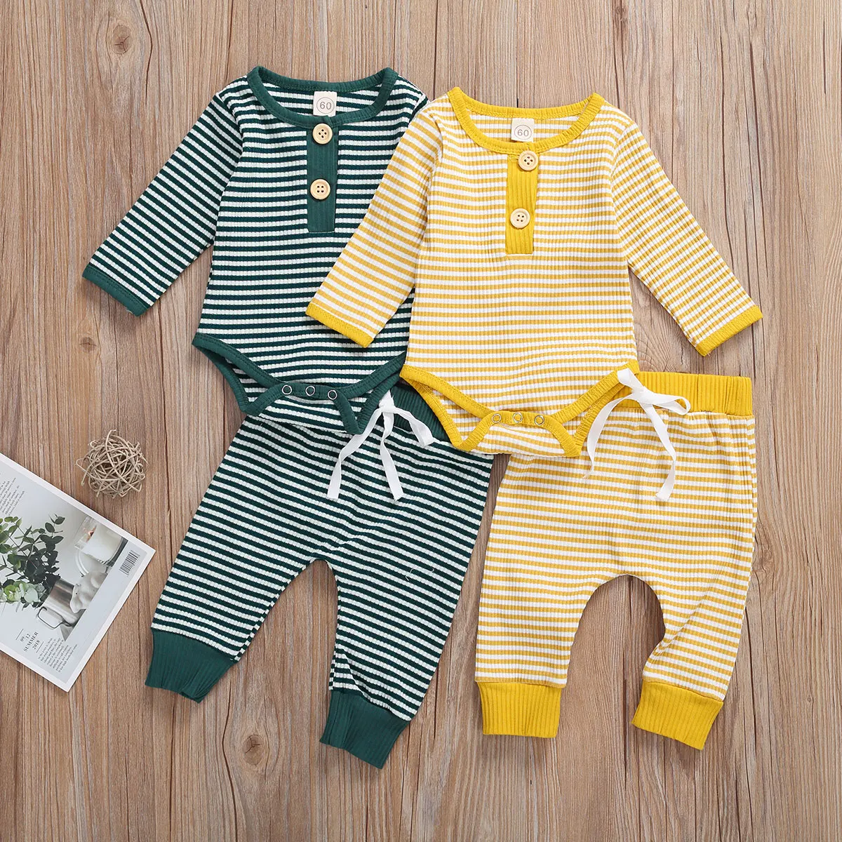 

2pcs Infant 0-24 Months Baby Boys Girls Outfit Set Long Sleeve Stripe Romper and pants Outft Autumn Pjamas Suit