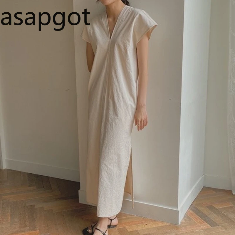 Корейское шикарное винтажное платье в минималистском стиле с V-образным вырезом