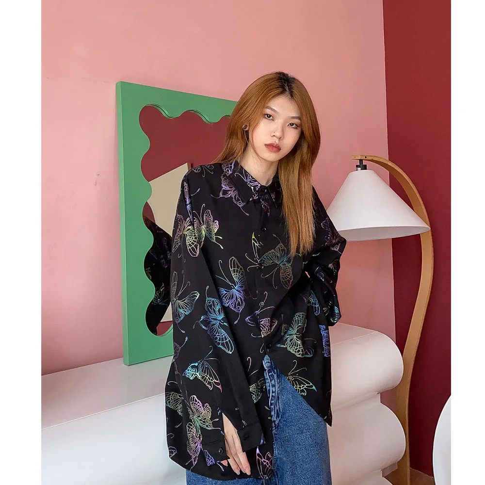 

Street Port style full Printed Butterfly Long Sleeve Shirt Men's and women's style early autumn 2021 new loose trend shirts