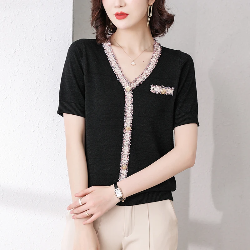 Свитер Женский вязаный с V-образным вырезом и коротким рукавом | Женская одежда