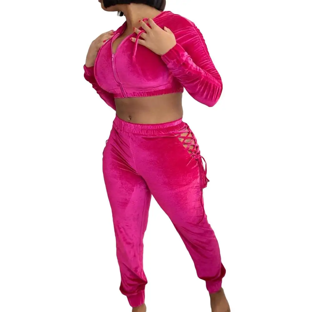 

Hooded Autumn Velvet Women Sets Zipper Long Sleeve Short Coats High Waist Side Hollow Out Lace-up Ankle Banded Pants Tracksuits