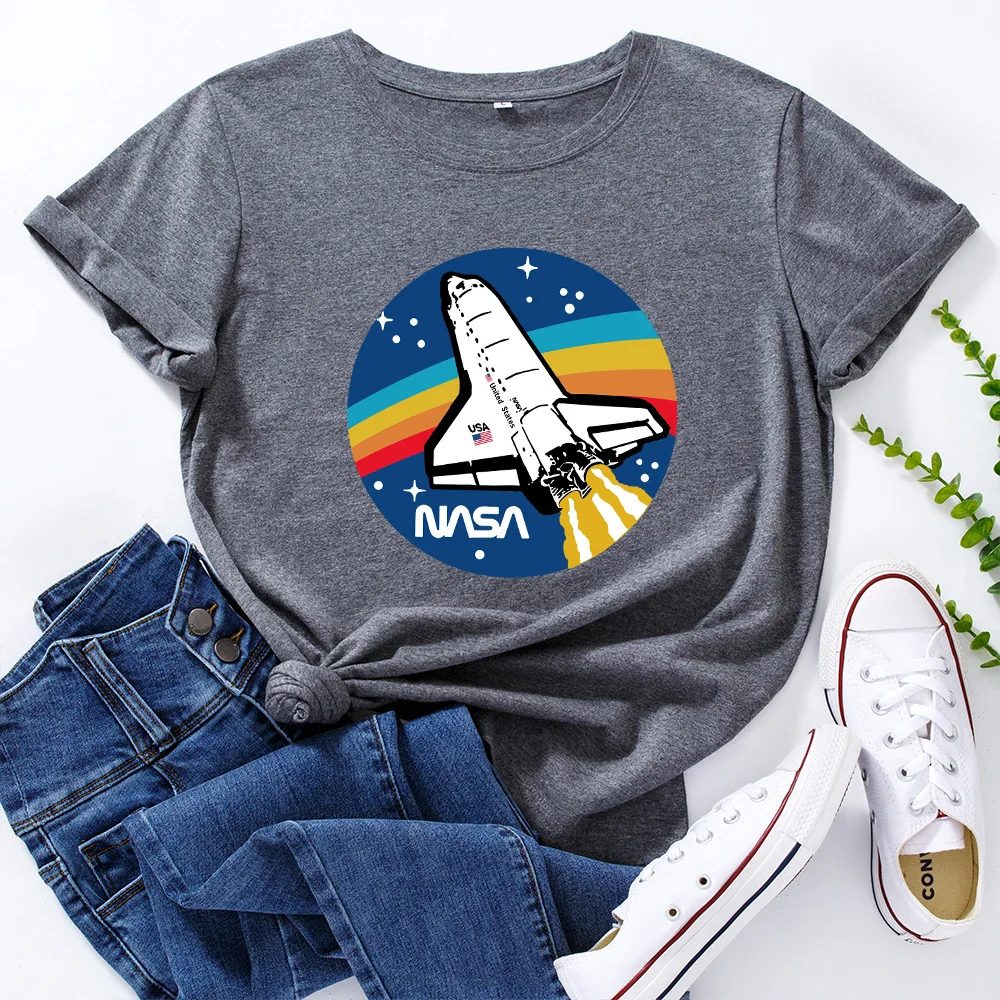 

Plus Size S-5XL Rocket Print Women T-shirt 100% Cotton O Neck Short Sleeve Basic Tees Shirts Harajuku Summer Funny Tops Tshirt