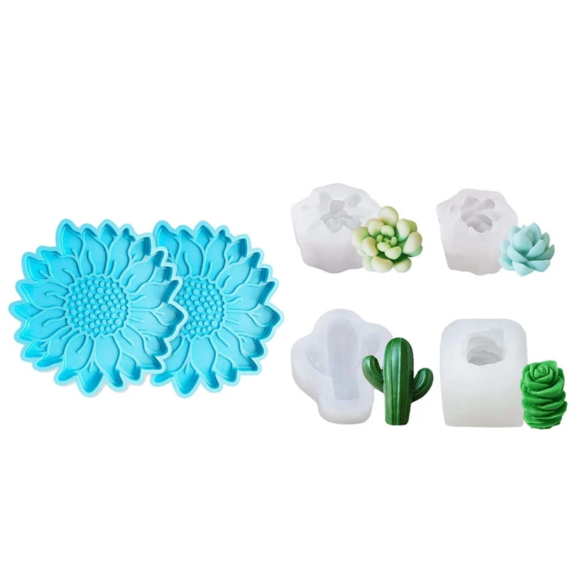 

2 Pcs Sunflower Coaster Resin Molds & 4 Pcs Succulent Cactus Plants Resin Casting Mold