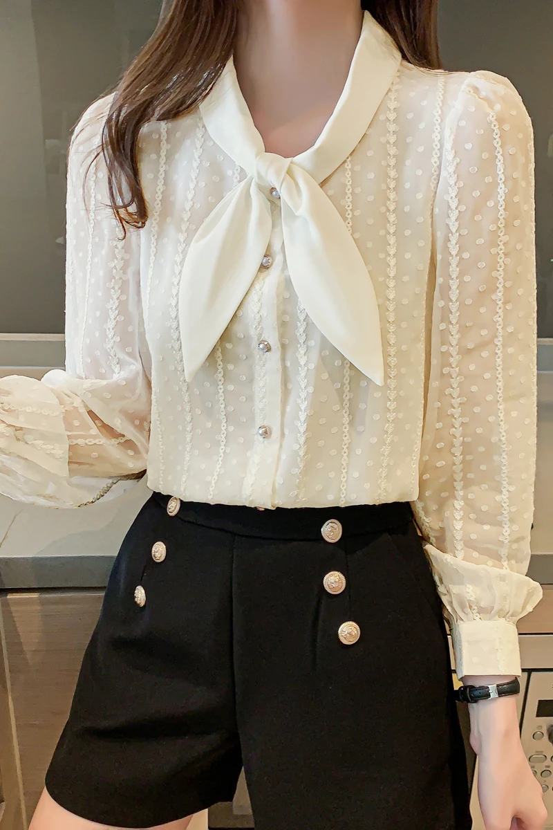 

Houthion Chiffon Slim Women Blouses New Casual Blouse Fashion Long Sleeve Top Solid Color Buttons V-neck Bow Shirt Spring/autumn