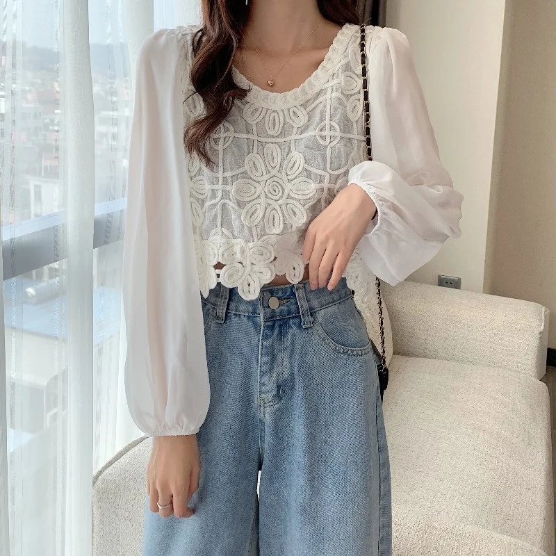 

Chic Early Autumn French Chic Top Women's Design Chiffon Long Sleeve Shirt Short Style SmallRachel
