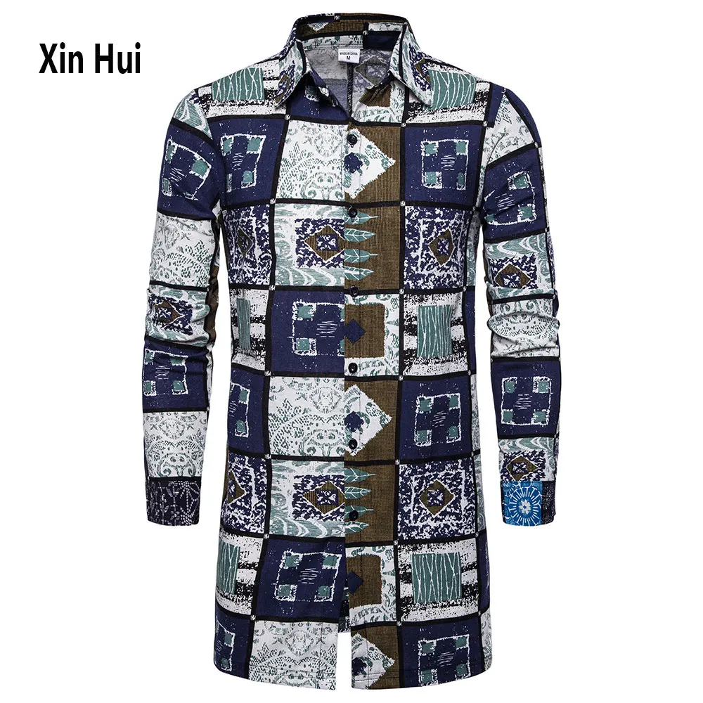 Men's shirt India Kurta style suit print casual jacket long sleeve thin lapel