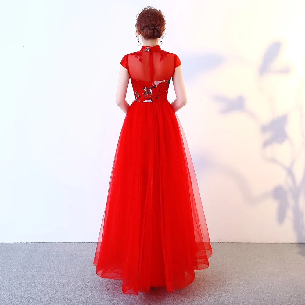 Красные женские из мелкой сетки вышивка в виде вечерние платья Чонсам для