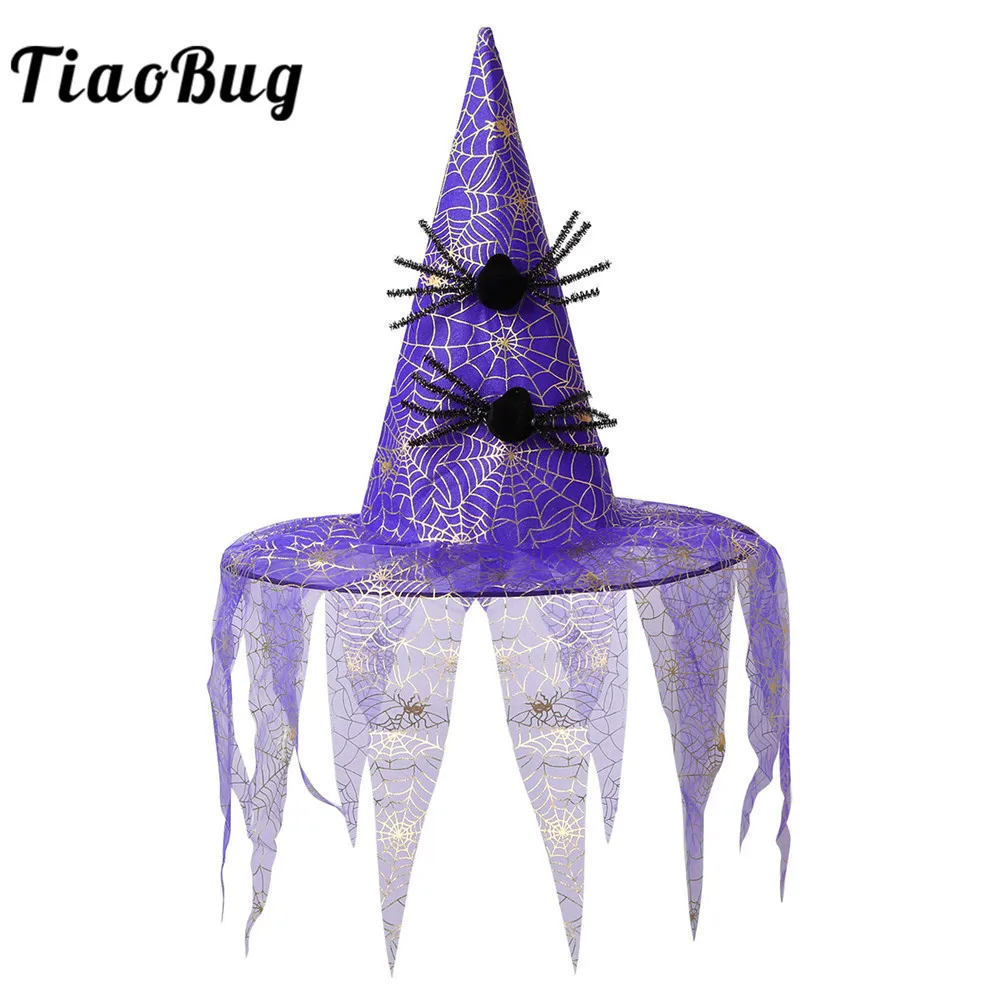 

Kids Girls Halloween Wicked Witch Hat with Shiny Spider Web Veil Child Magic Wizard Masquerade Party Cosplay Costume Accessories