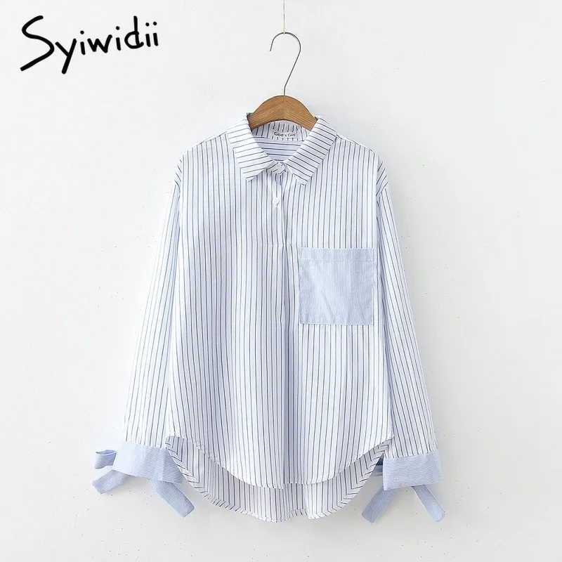 Женская блузка с бантом Syiwidii небесно голубой и белый полосатый топ длинными