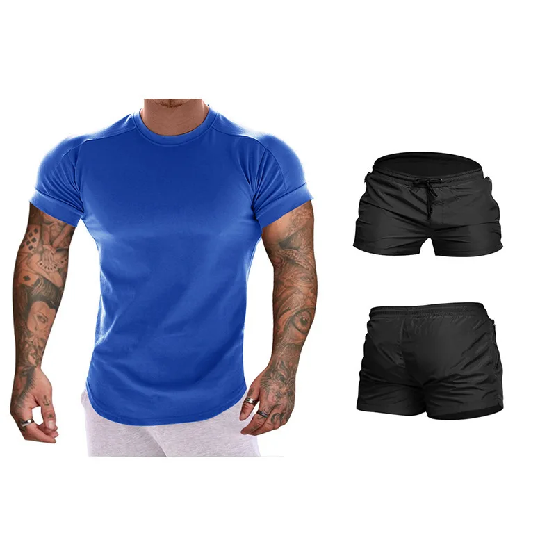 

2021 Trend Men's Fitness Tight Sports T-Shirt Summer Running Basketball Training Suit Casual Shorts Suit Solid Color