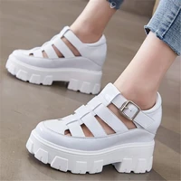 summer ankle boots womens cow leather sandals platform wedge high heels round toe buckle oxfords shoes