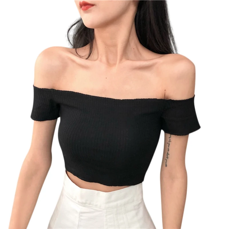 

Women Sexy Crop Tops Ladies Knit Off Shoulder T-shirt Solid Color Slim Streetwear Tank Top