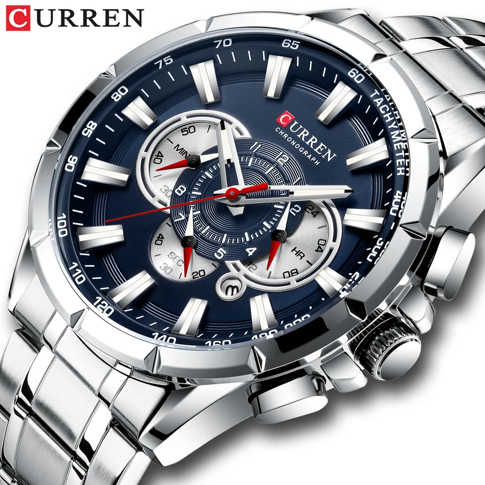 

CURREN New Fashion Causal Chronograph Men Watch Stainless Steel Band Wristwatch Big Dial Quartz Watches With Luminous Pointers
