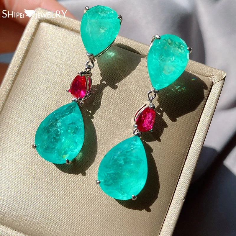 

Shipei 925 Sterling Silver Pear Cut Paraiba Tourmaline Emerald Ruby Gemstone Luxury Engagement Drop Dangle Earrings Fine Jewelry