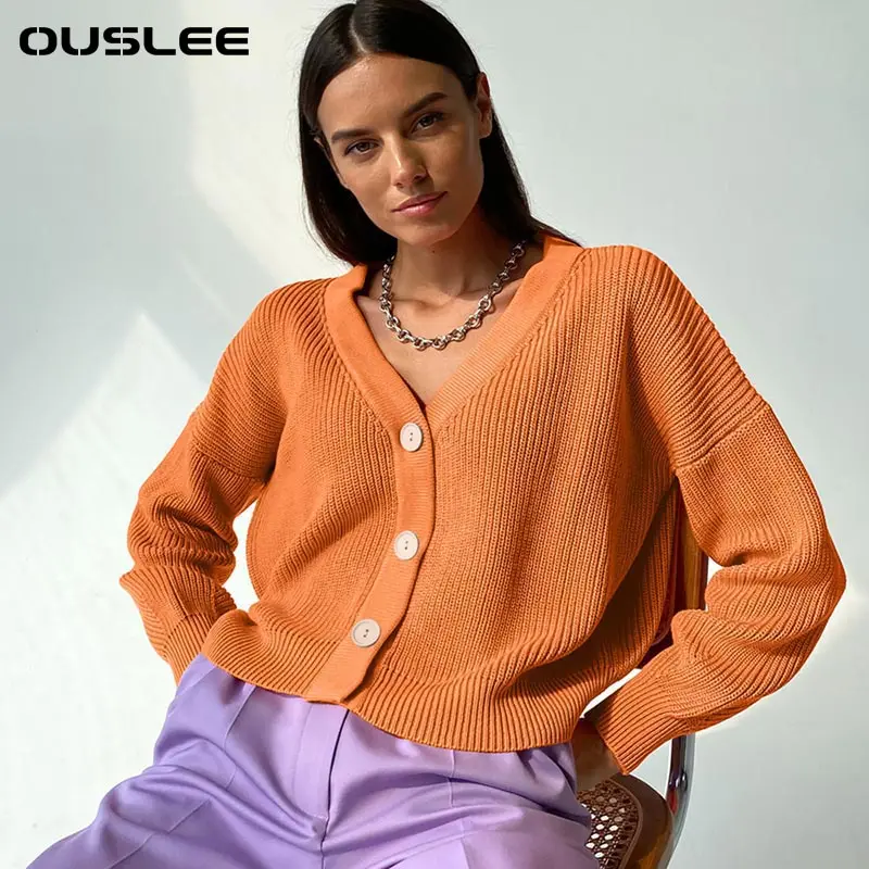 

Повседневный вязаный Свободный кардиган OUSLEE с V-образным вырезом, женские свитера на пуговицах с рукавами-фонариками, Женские базовые белые...