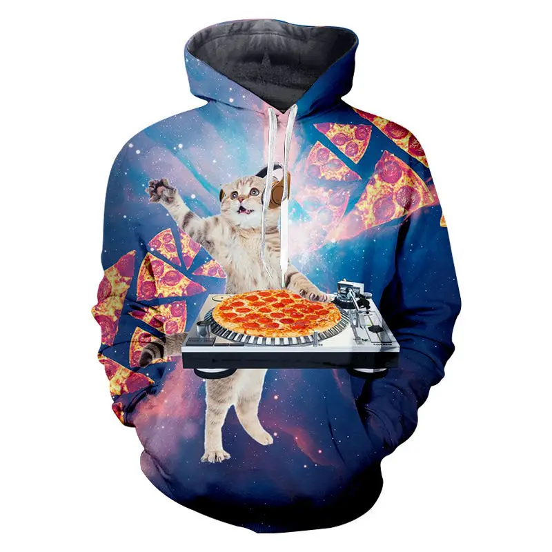 Смешные DJ кошка Толстовка для мужчин 3D печатных Pizza пространство Galaxy унисекс с