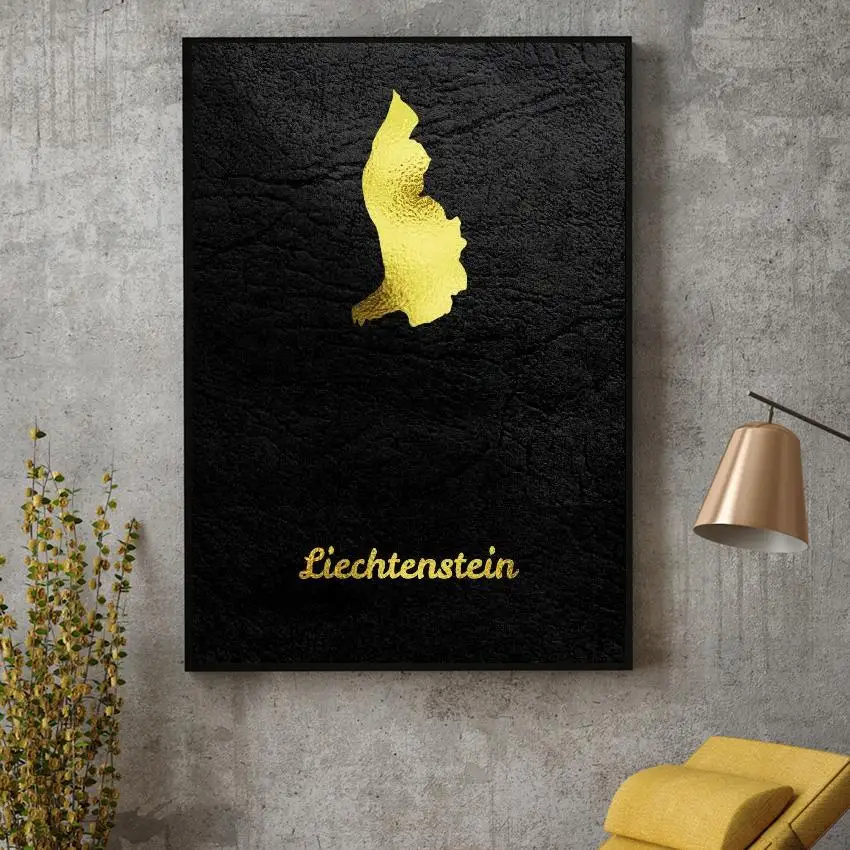 

Golden Liechtenstein Map Canvas Wall Art Print Modern Poster Wall Pictures Living Room Decor