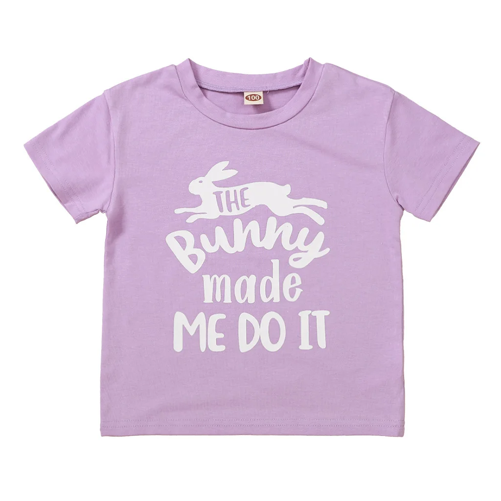 

Purple Color Kids Summer T-shirt Letter Rabbit Print Kids Shirts for 2 3 4 5 6 7 Year Girls 2021 New O-neck Toddler Boys Top Tee