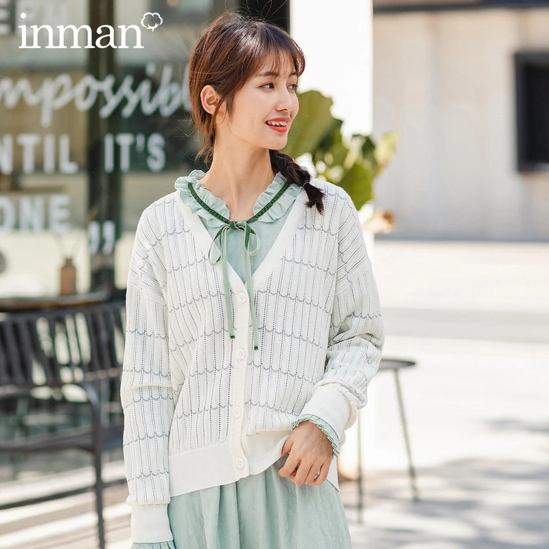 INMAN Spring Autumn Literary V Neck Sweet Style Women Hollow Out Cardigan Sweater |