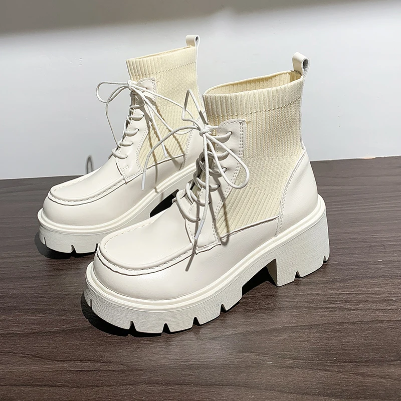 

Ankle Boots Women Autumn Winter Motorcycle Boots Thick Heel Knitted Elastic Boots Woman Slip on Round Lace-Up Platform Shoes