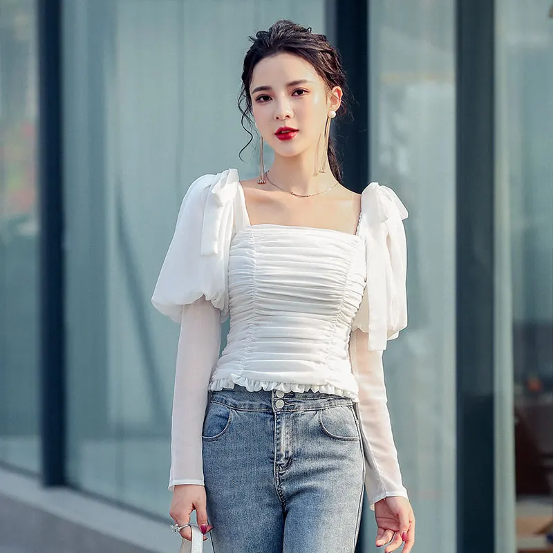 

Korean Style Women New Puff Sleeve Vintage Shirt Female Blouse Long Sleeve Work Casual Tops Chiffon Blouses Chic Blusa